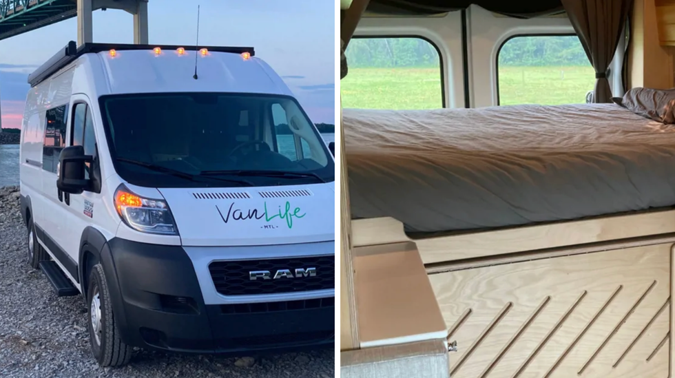 Un VR avec Van Life \u00e9crit sur le capot. Droite : Lit \u00e0 l'int\u00e9rieur du VR.