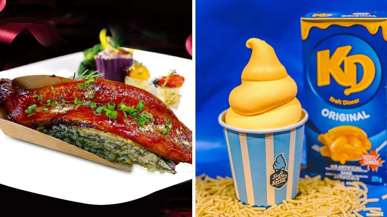 Unagi Sushi Taco from Happy Fish. Right: Kraft Dinner Soft Serve from Summerland Soft Serve.