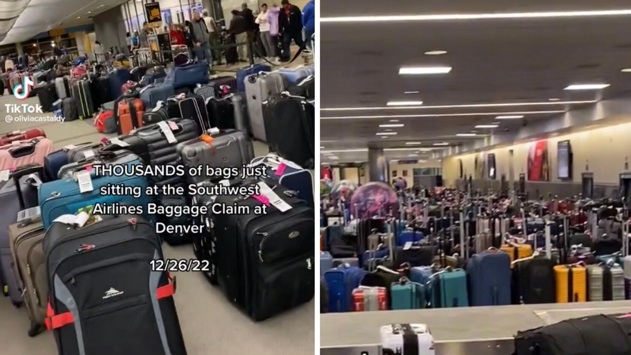 Unclaimed baggage at Denver International Airport. RIght: The baggage claim with unclaimed bags at Houston's Hobby Airport.