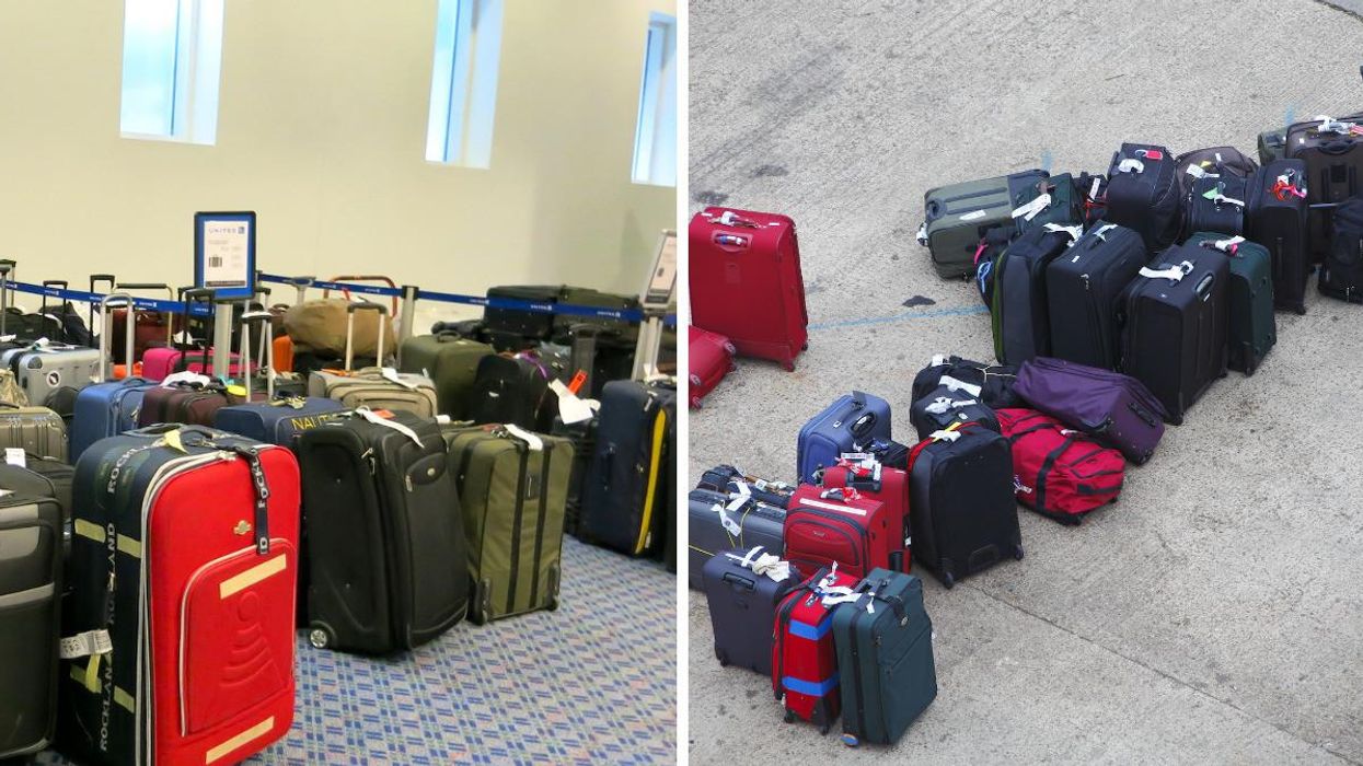 Unclaimed luggage inside an airport. Right: Luggage abandoned on an airport runway.
