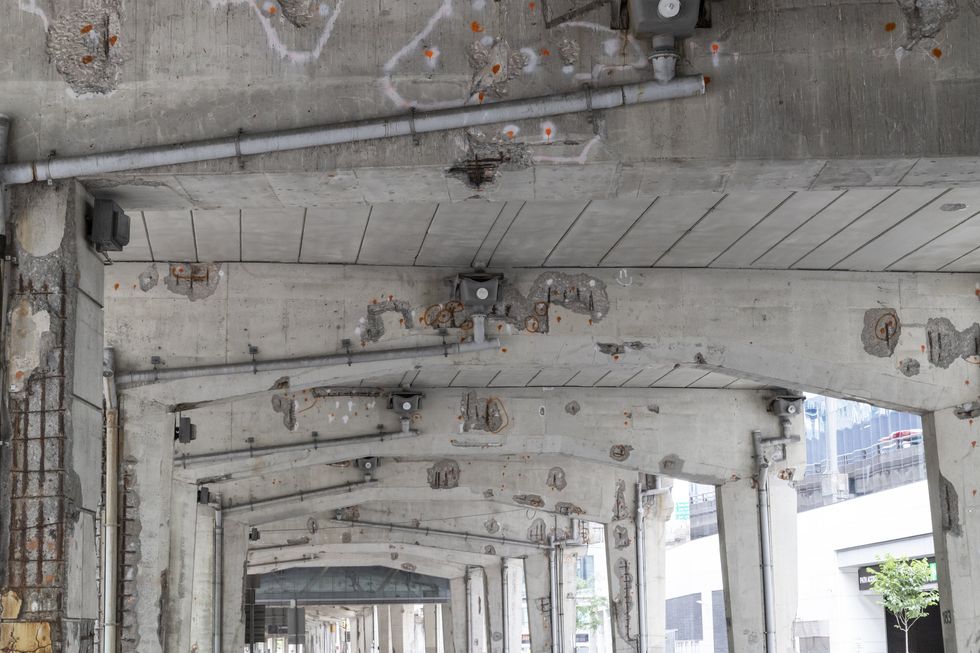Underneath the Gardiner Expressway is crumbling.