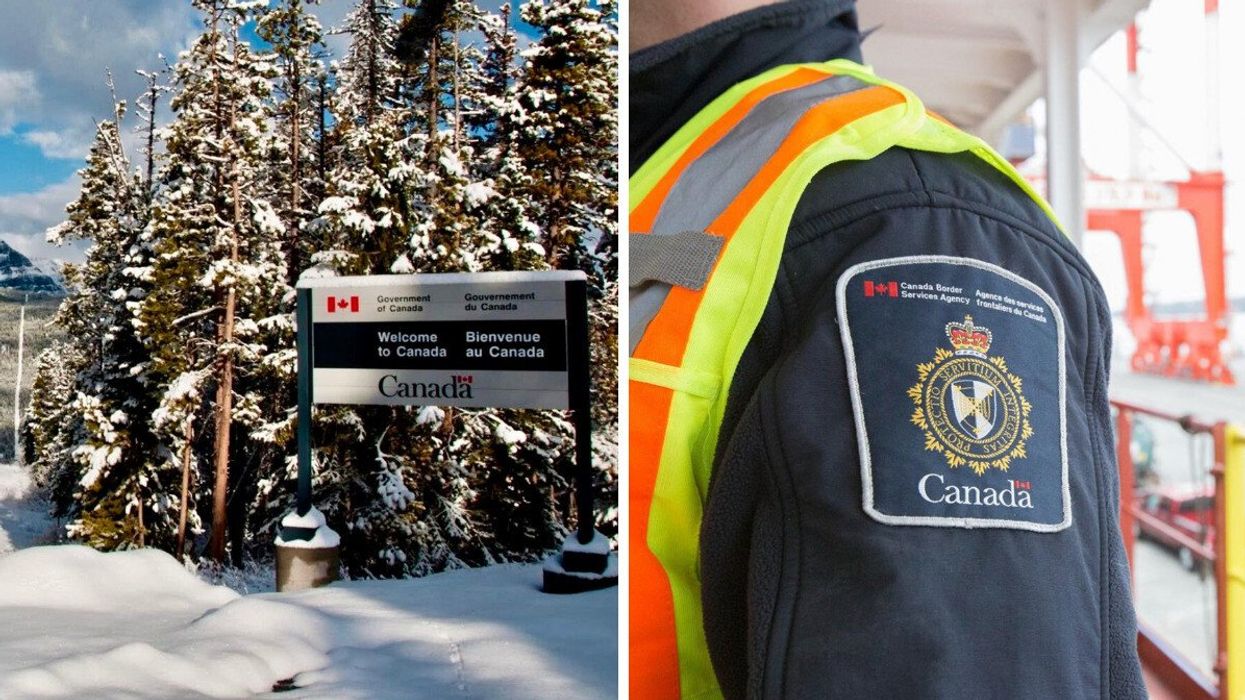 Une affiche Bienvenue au Canada dans un paysage d'hiver. Droite: uniforme de l'Agence des services frontaliers du Canada.