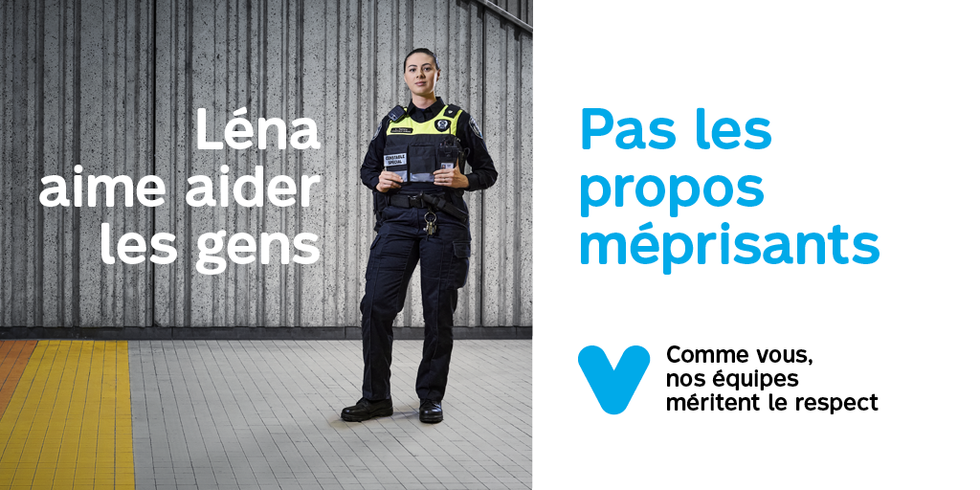 Une affiche o\u00f9 on peut voir un.e constable sp\u00e9cial.e qui \u00ab aime aider les gens \u00bb et non \u00ab pas les propos m\u00e9prisants \u00bb.