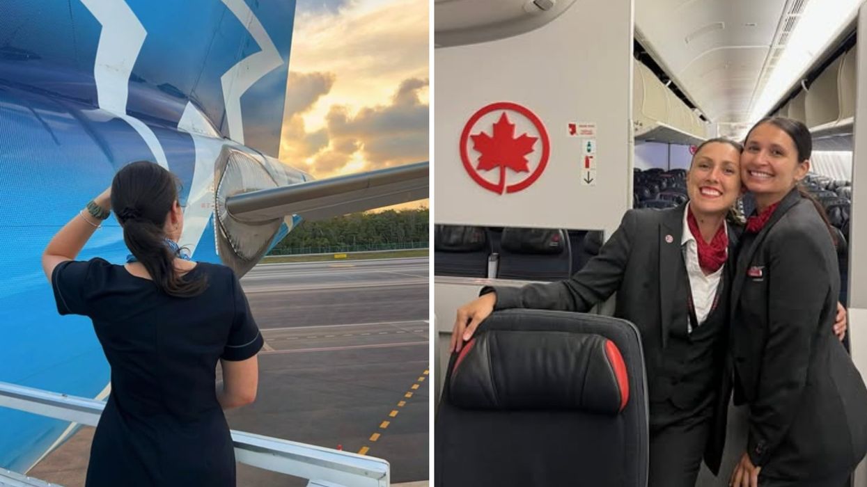 Une agente de bord d'Air Transat. Droite : deux agentes de bord d'Air Canada.