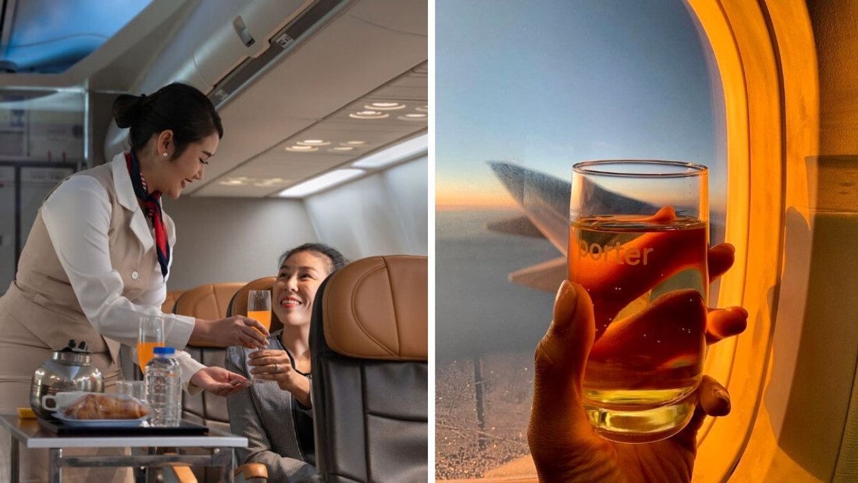 Une agente de bord sert un verre à une passagère. Droite: une main tient un verre de vin devant un hublot.
