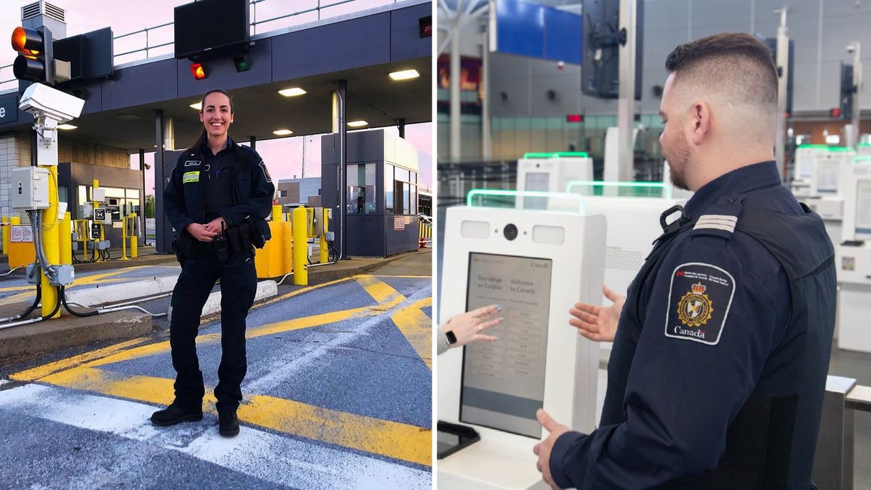 Une agente de l'ASFC. Droite : un agent de l'ASFC à l'aéroport.