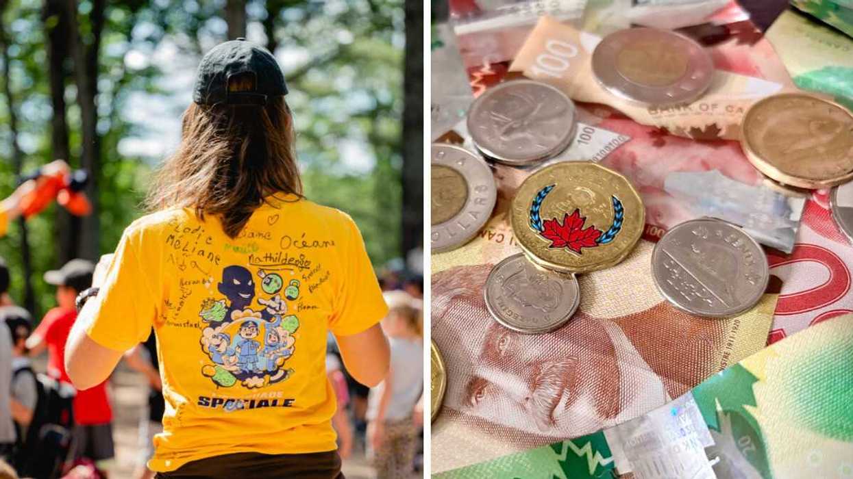 Une animatrice de camp de jour au Québec. Droite : De l'argent canadien.
