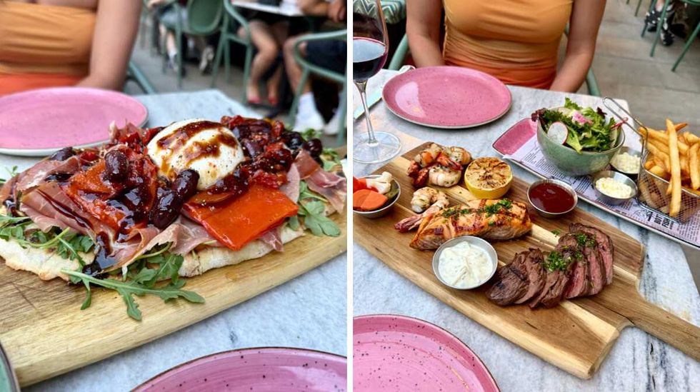 Une assiette de pizza burratta au Muze Lounge & Terrasse. Droite : Un terre et mer au Muze Lounge & Terrasse.