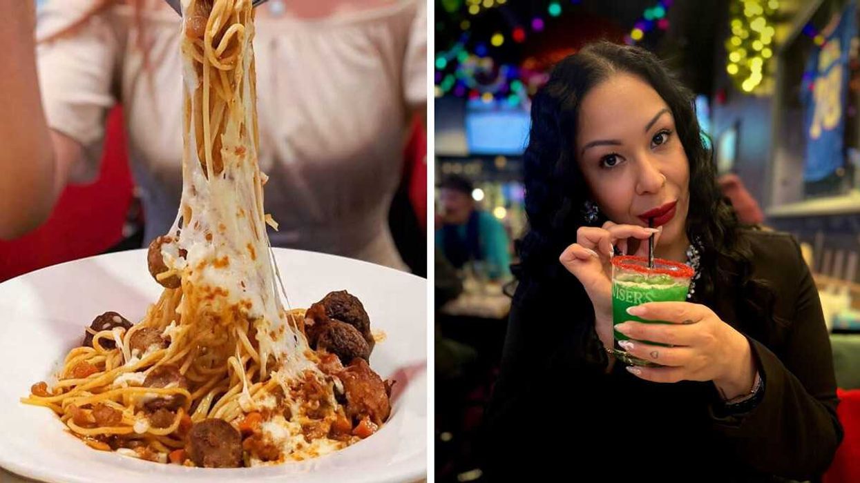 Une assiette de spaghetti. Droite : Une femme qui déguste un cocktail.