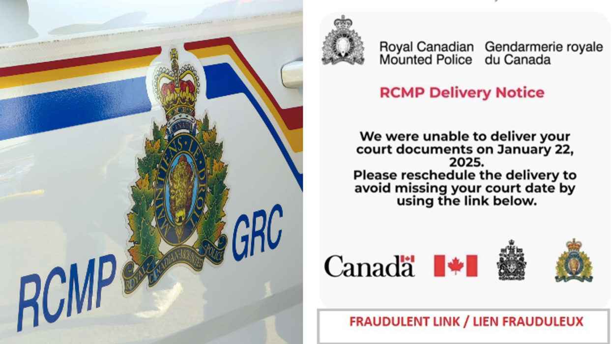 Une autopatrouille de la Gendarmerie royale du Canada (GRC). À droite : un exemple d’un message texte frauduleux qui semble provenir de la GRC.