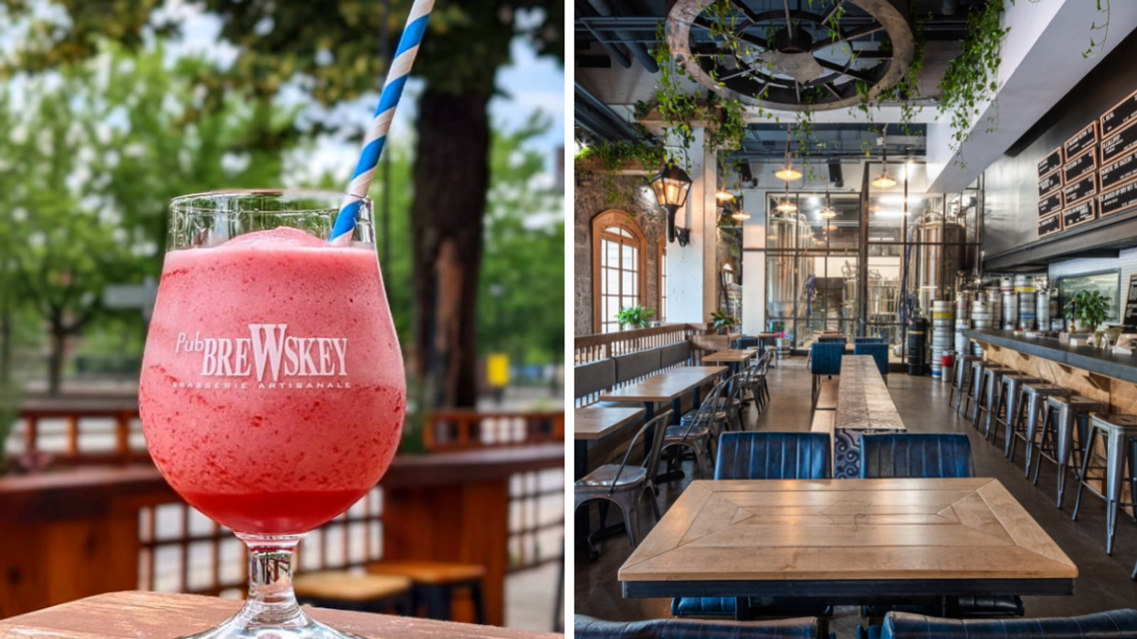 Une bière. Droite : Le bar Brewskey.