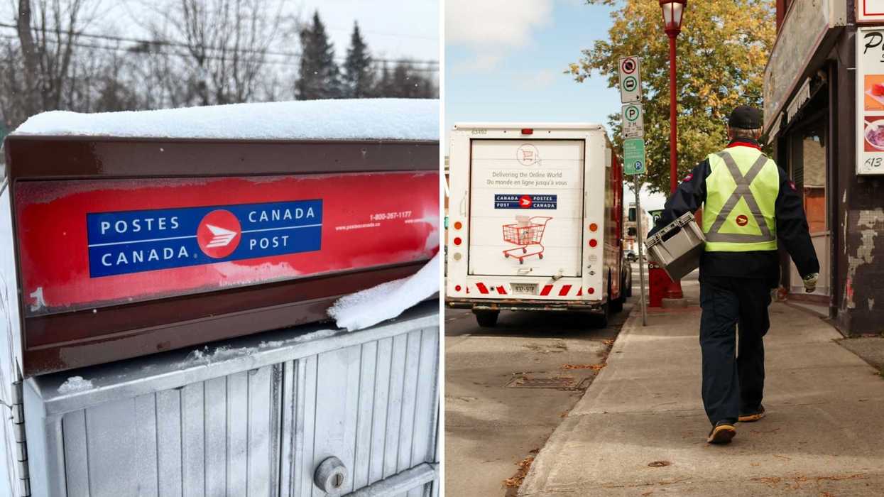 Une boite aux lettres communautaire de Postes Canada. Droite : un facteur de Postes Canada.