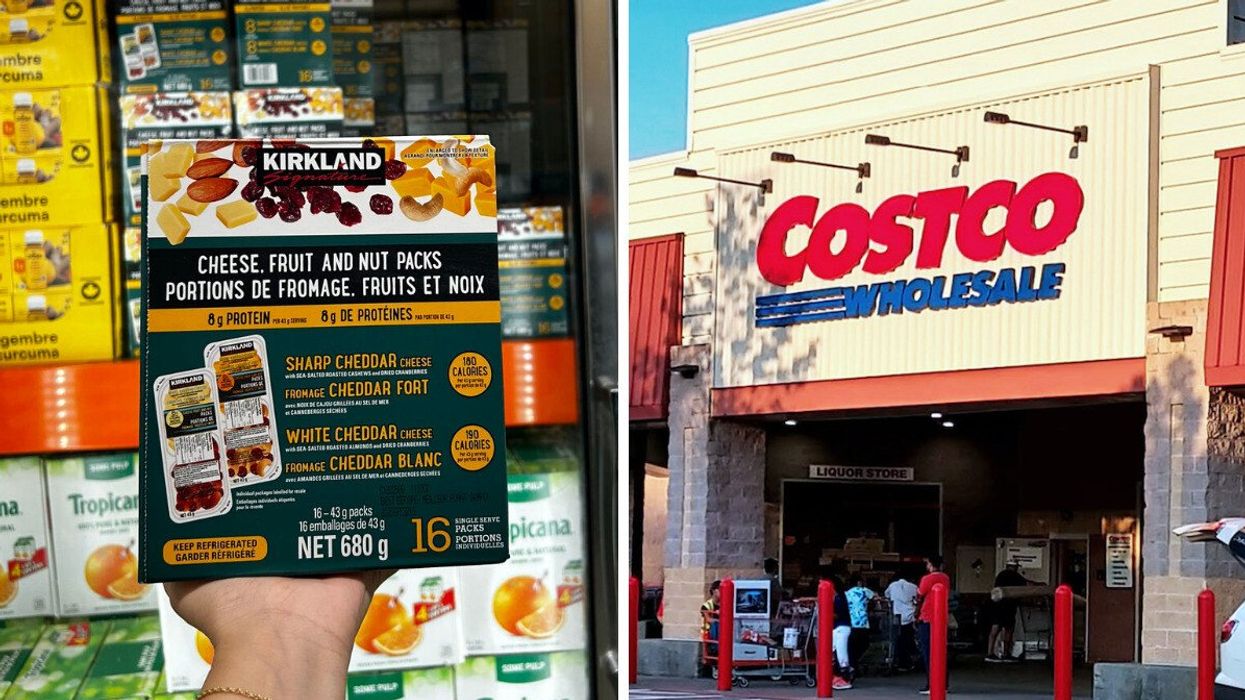 Une boite des collations au fromage, aux fruits et aux noix de Kirkland Signature. Droite : Façade d'un Costco avec des clients à l'entrée.