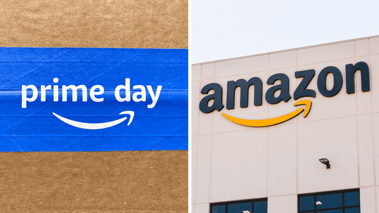 Une boîte du Prime Day de Amazon. Droite : La façade d'un Amazon.