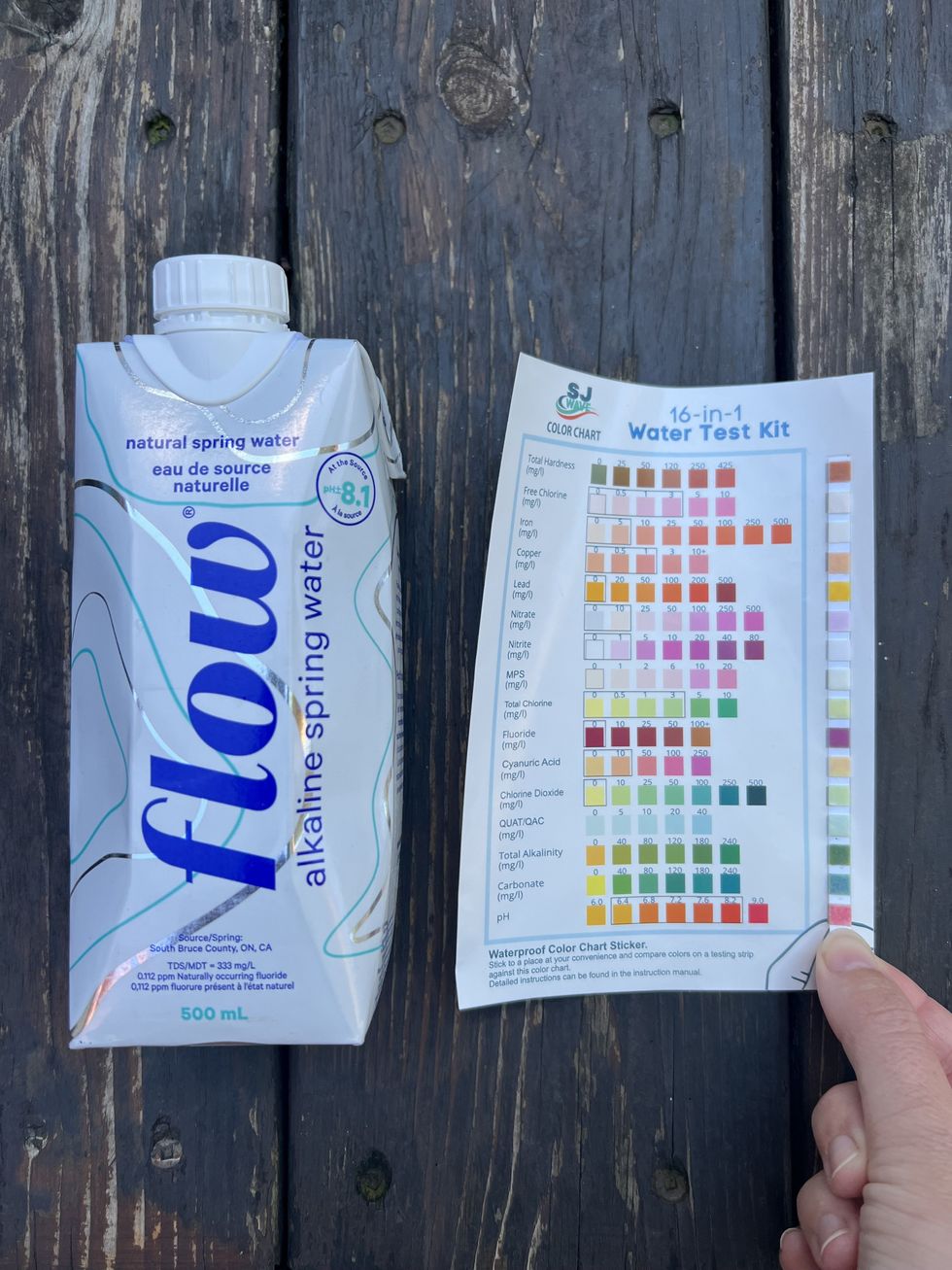 Une bouteille d'eau \u00e0 c\u00f4t\u00e9 d'une charte d'indicateurs et d'une bandelette de test tenue par une main.