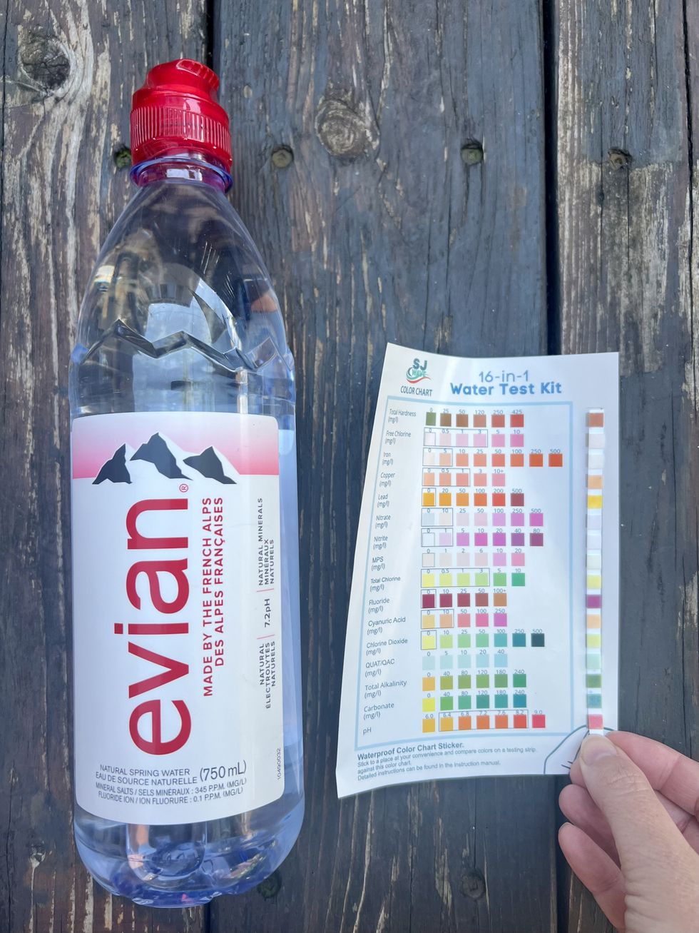 Une bouteille d'eau \u00e0 c\u00f4t\u00e9 d'une charte d'indicateurs et d'une bandelette de test tenue par une main.