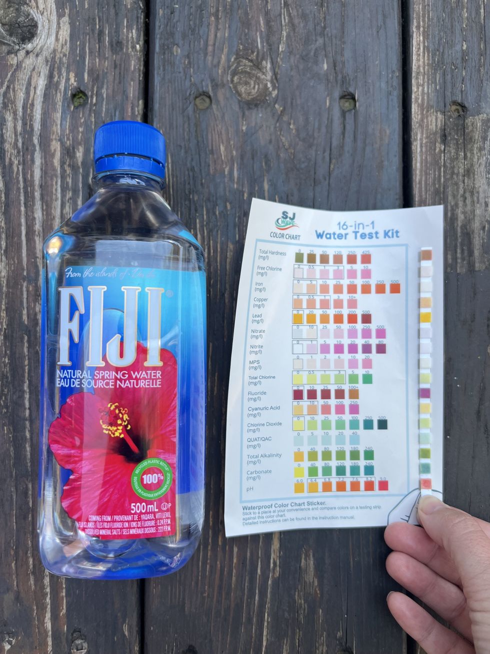 Une bouteille d'eau \u00e0 c\u00f4t\u00e9 d'une charte d'indicateurs et d'une bandelette de test tenue par une main.