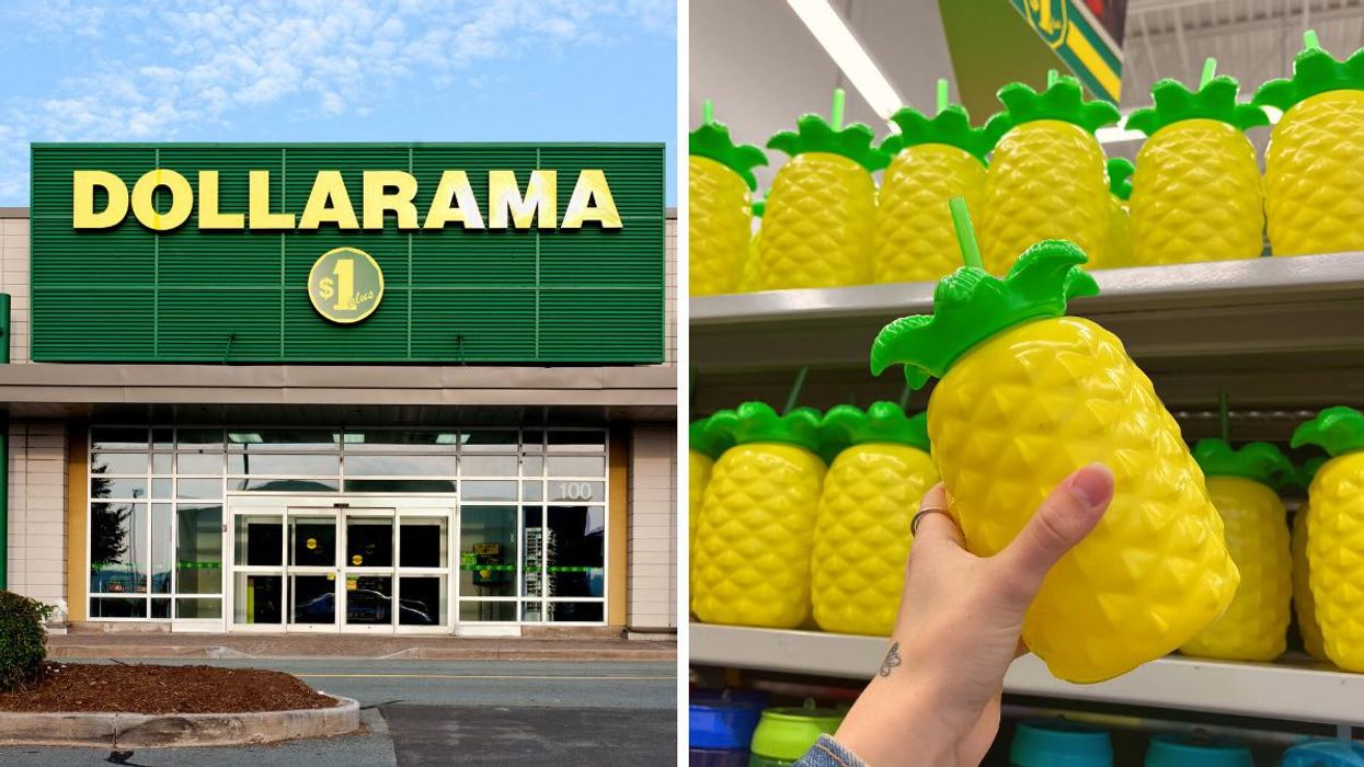 Une boutique Dollarama. Droite : Un gobelet en forme d'ananas du Dollarama.