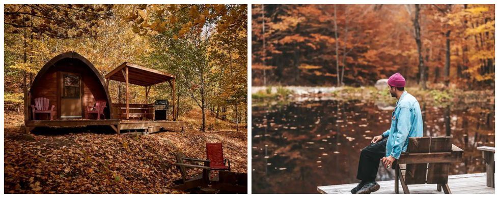 Une cabine dans les bois. Droite : Une personne au bord du lac.