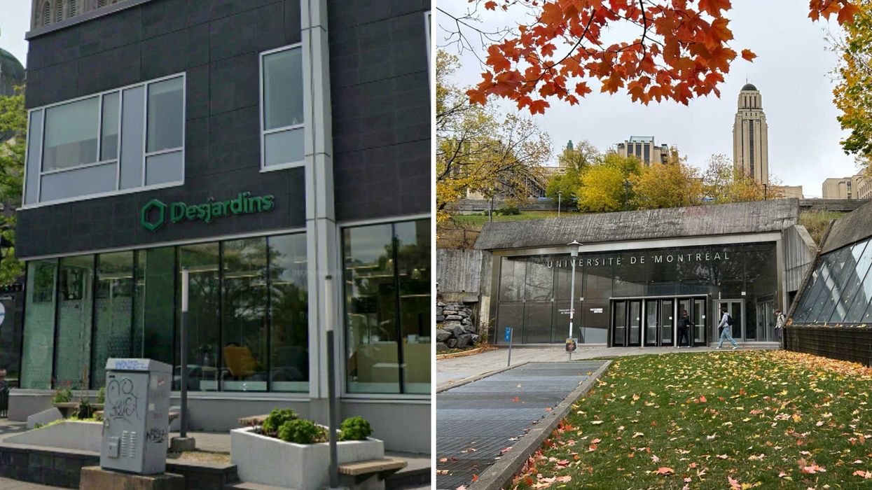 Une caisse Desjardins. Droite : l'Université de Montréal.