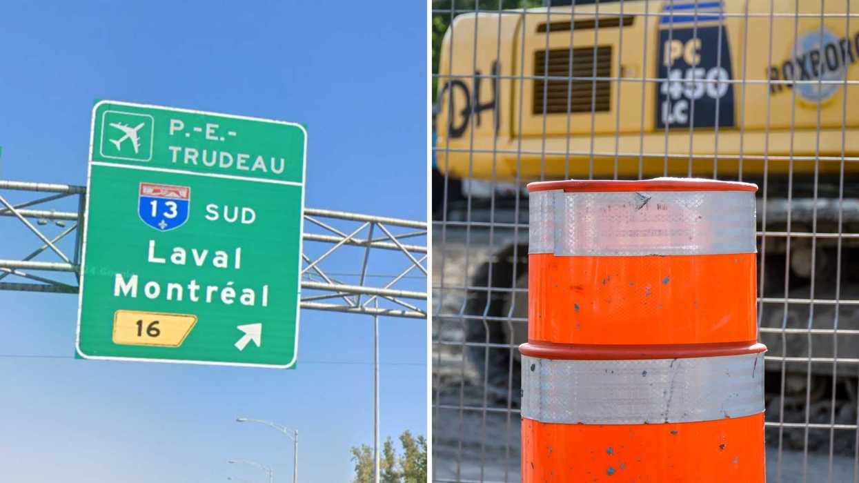 Une capture d'écran de Google Maps. Droite : un cône orange à Montréal.