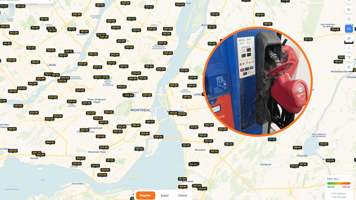 Une capture d'écran de l'application Mets du Gaz et une station d'essence au Québec.