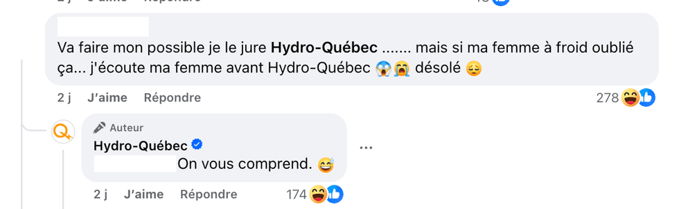 Une capture d'\u00e9cran de commentaires sous la publication d'Hydro-Qu\u00e9bec