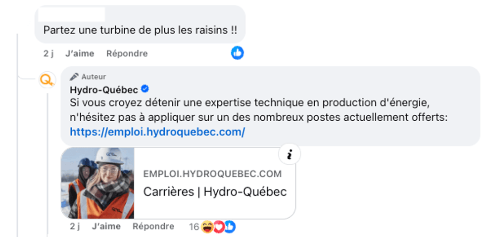 Une capture d'\u00e9cran de commentaires sous la publication d'Hydro-Qu\u00e9bec