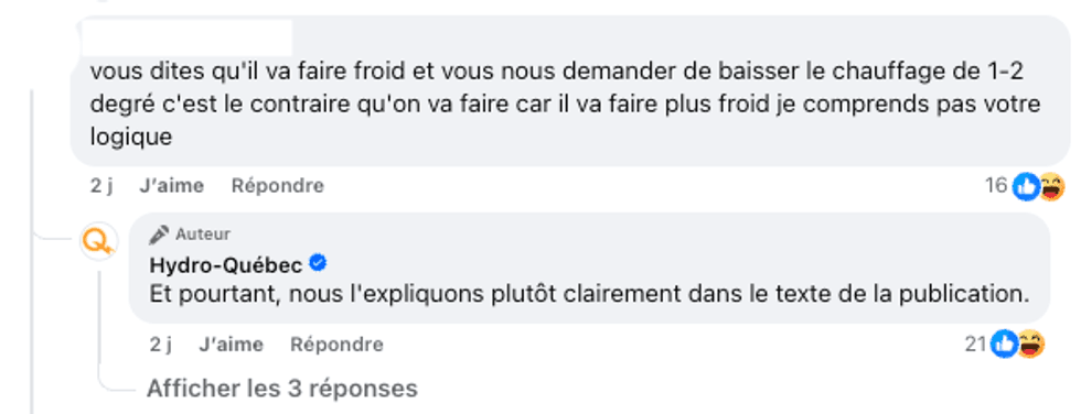 Une capture d'\u00e9cran de commentaires sous la publication d'Hydro-Qu\u00e9bec
