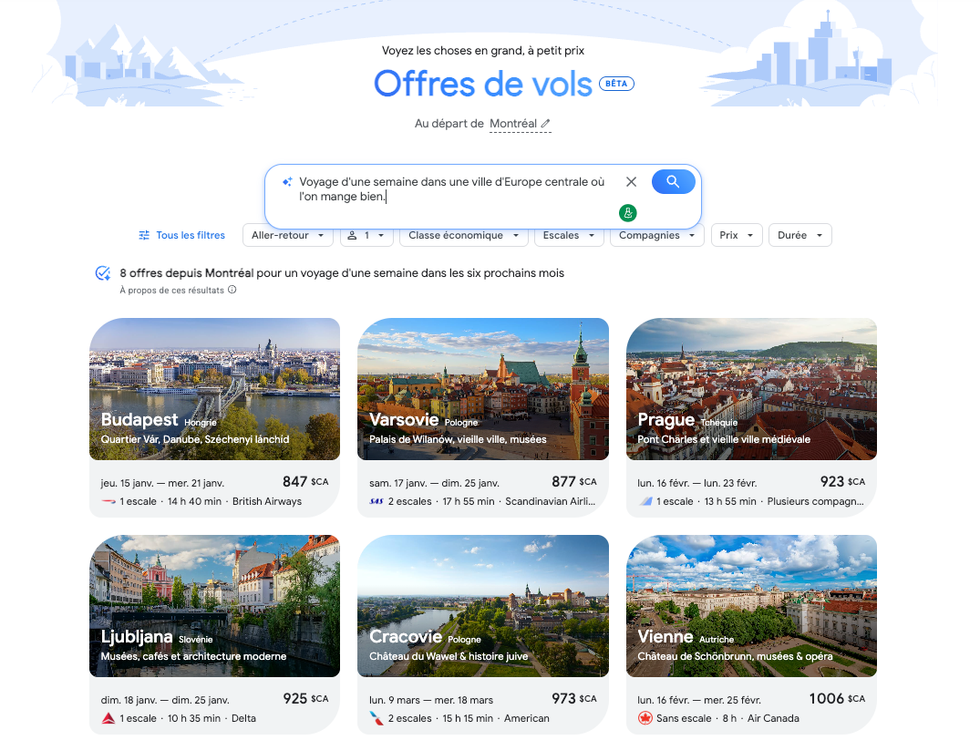 Une capture d'\u00e9cran de l'outil Offres de vols de Google.