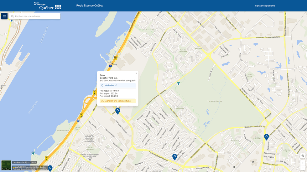 Une capture d'\u00e9cran de R\u00e9gie essence Qu\u00e9bec