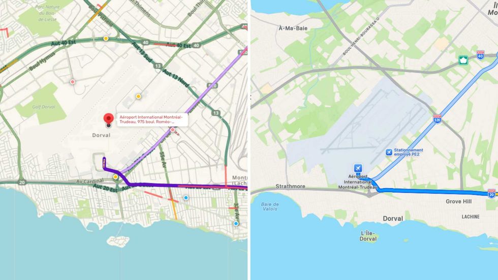 Une capture d'\u00e9cran de Waze. Droite : une capture d'\u00e9cran de Plan.