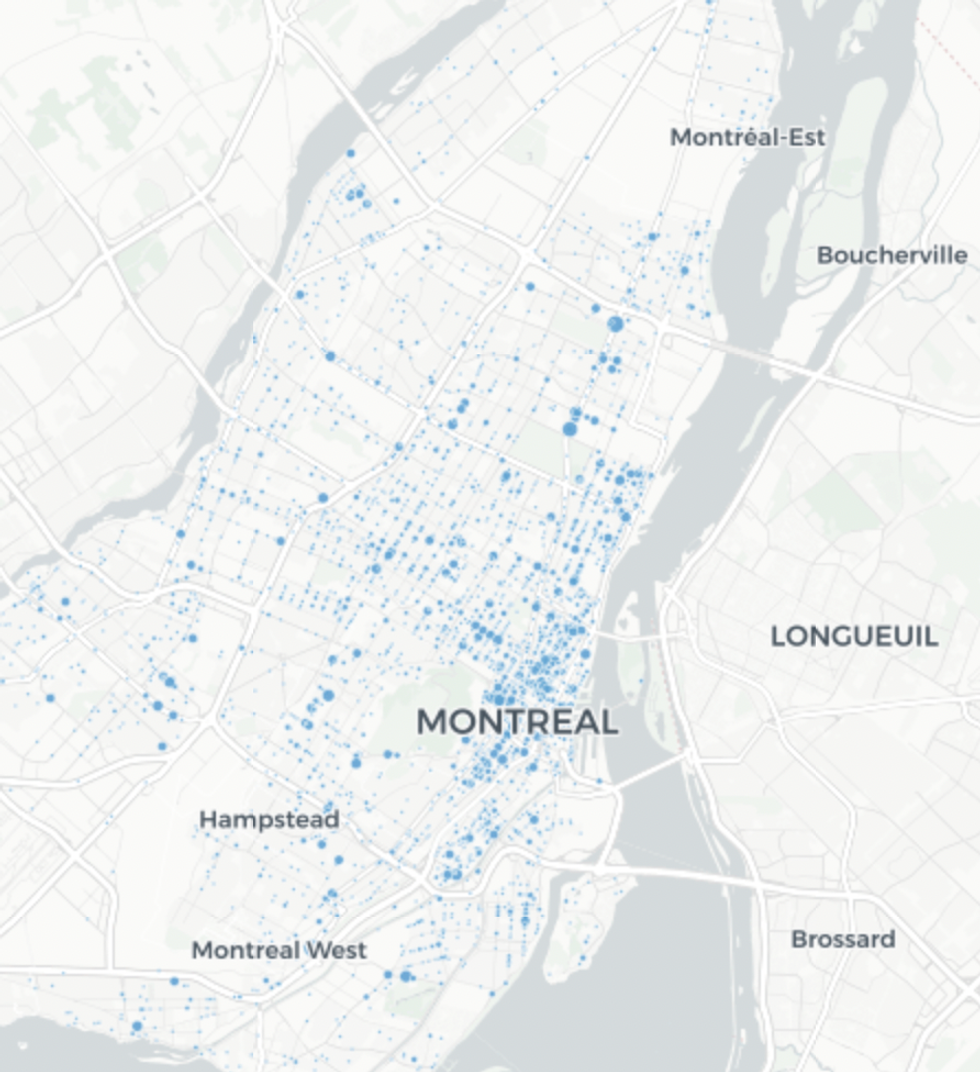 Une carte de Montr\u00e9al avec plusieurs points bleus de diff\u00e9rentes tailles.
