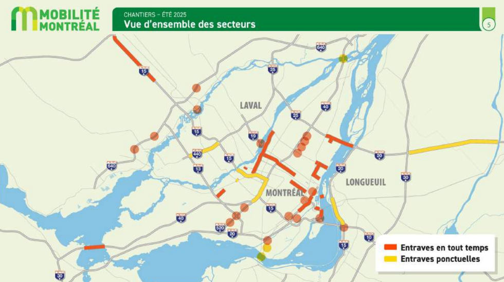 Une carte de travaux pr\u00e9vus \u00e0 Montr\u00e9al.
