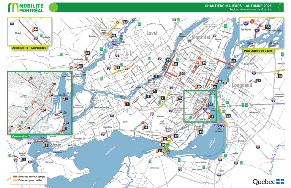 Une carte des travaux pr\u00e9vus cet automne \u00e0 Montr\u00e9al. 