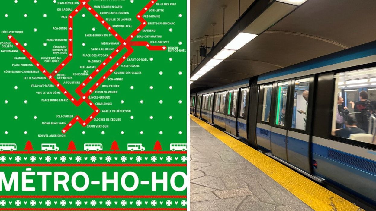 Une carte du « MÉTRO-HO-HO » revampée par la STM pour le temps des Fêtes. Droite : un wagon de métro arrive en station.