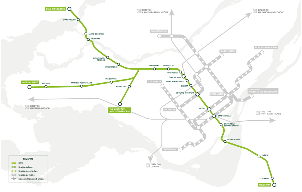 Une carte du r\u00e9seau actuel et projet\u00e9 du REM.