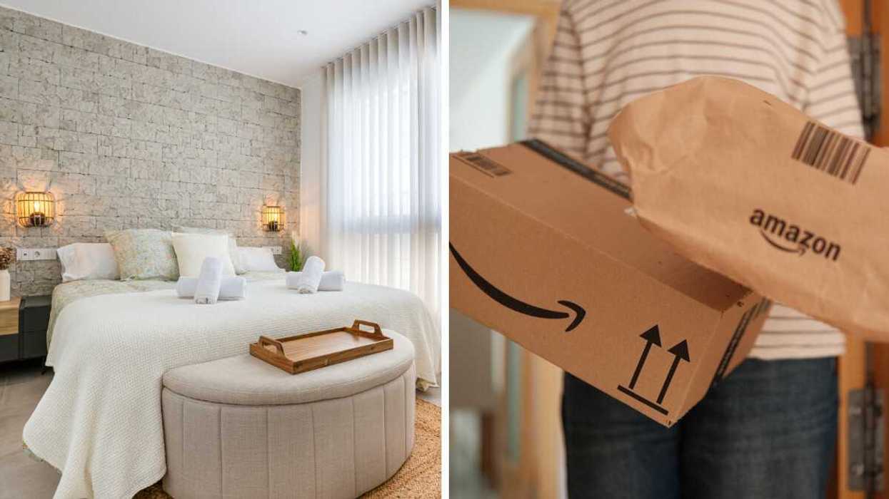 Une chambre à coucher. Droite : Des boîtes de livraison Amazon Canada.