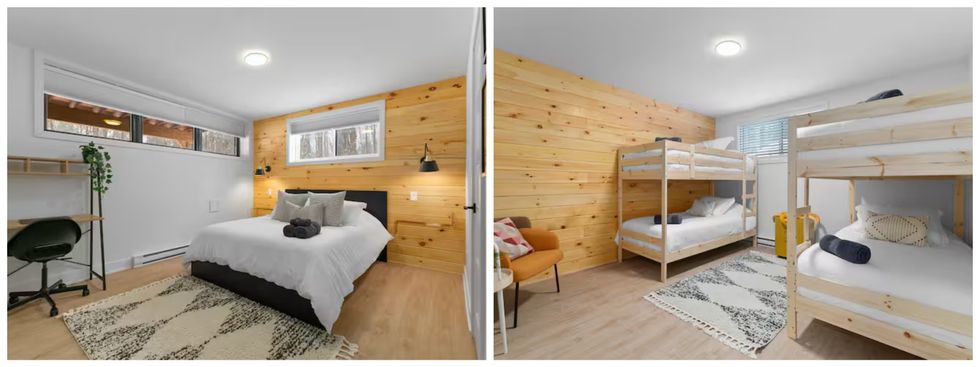 Une chambre avec lit queen. Droite : Une chambre avec deux lits superpos\u00e9s.