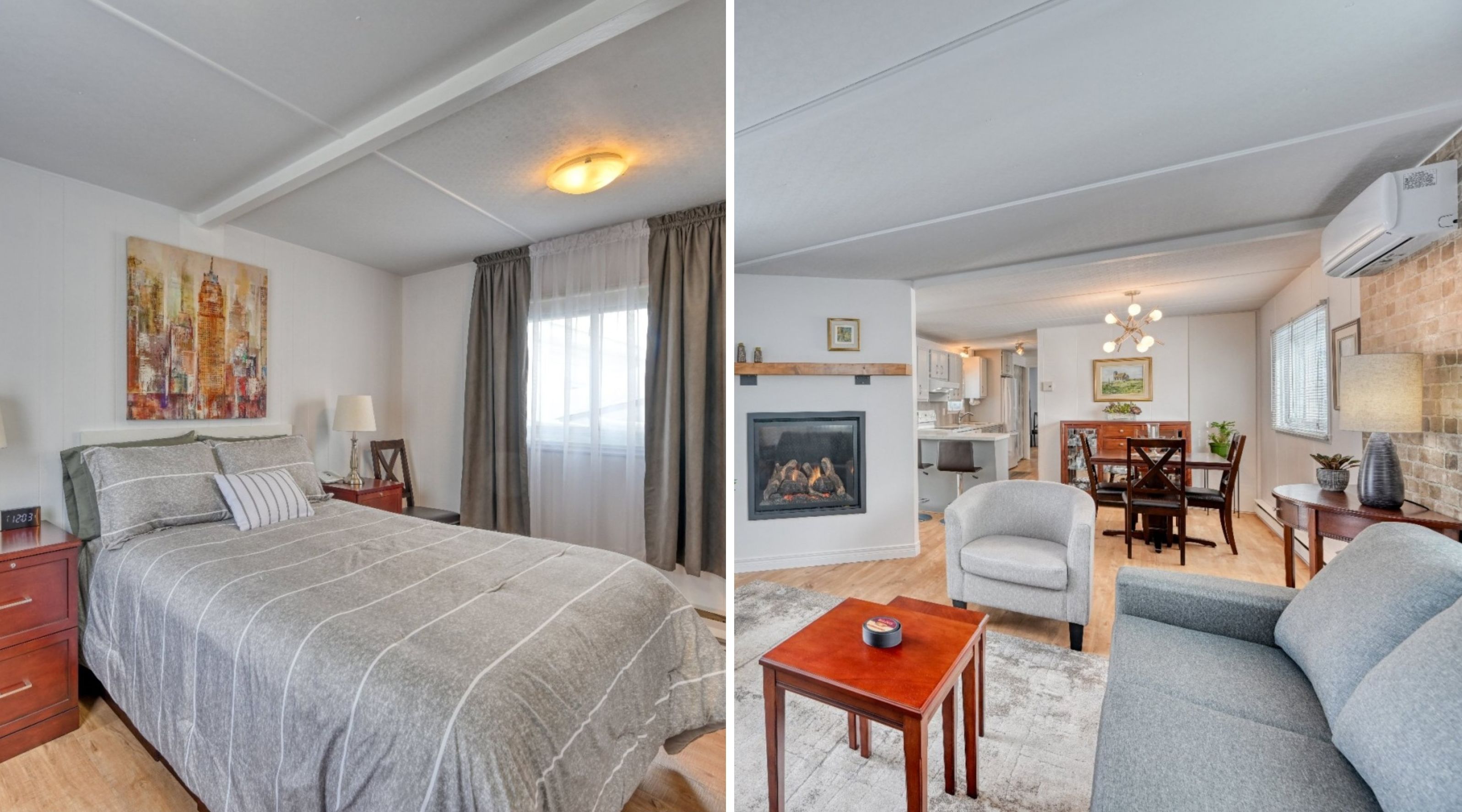 Une chambre \u00e0 coucher. \u00c0 droite : un salon.