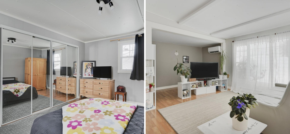 Une chambre \u00e0 coucher. \u00c0 droite : un salon.