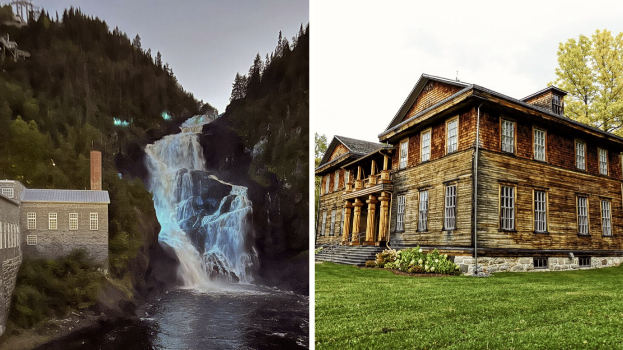 Une chute. Droite : Une maison du Village historique de Val-Jalbert.