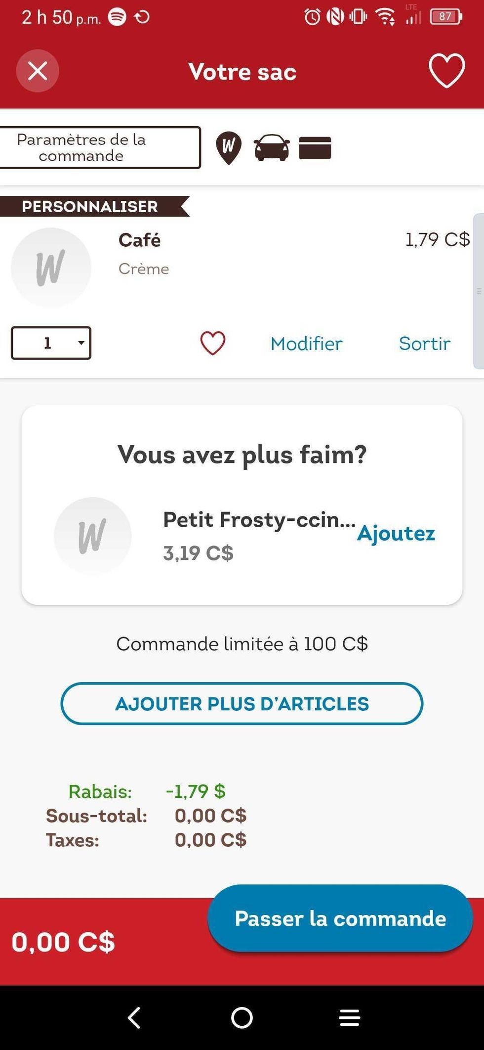 Une commande via l'application mobile Wendy's.
