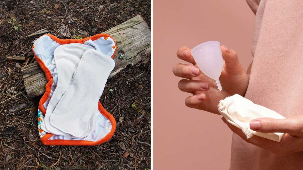 Une couche réutilisable. Droite : une coupe menstruelle.