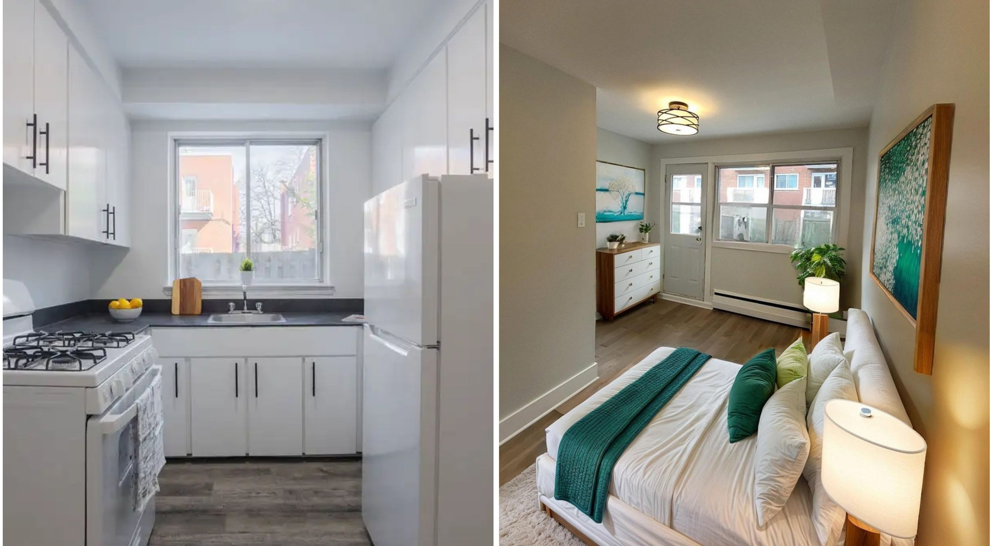 Une cuisine. À droite : une chambre à coucher