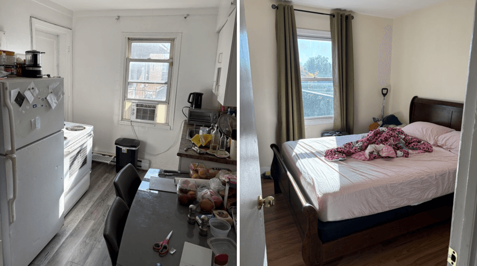 Une cuisine. Droite : une chambre \u00e0 coucher.
