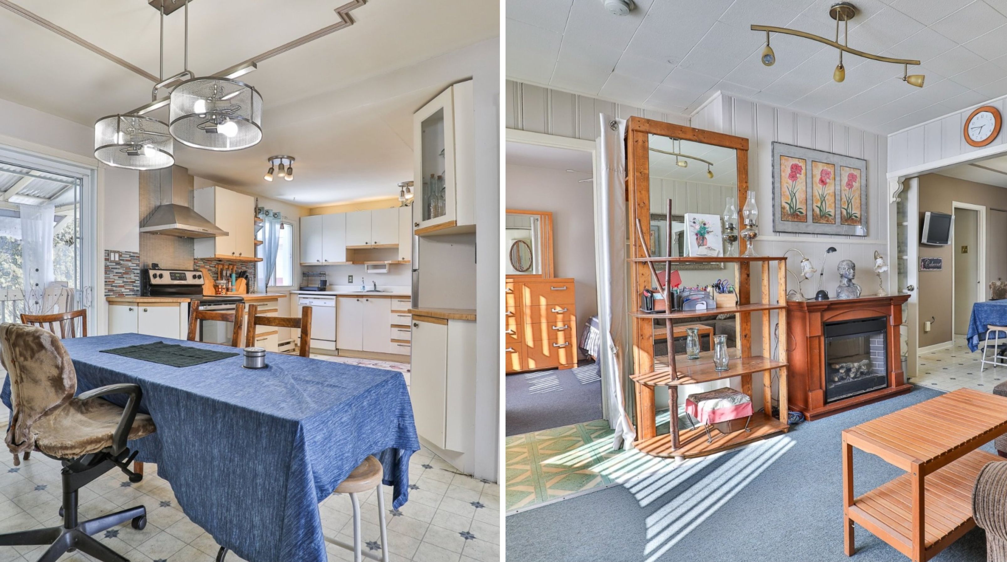 Une cuisine. \u00c0 droite : un salon.