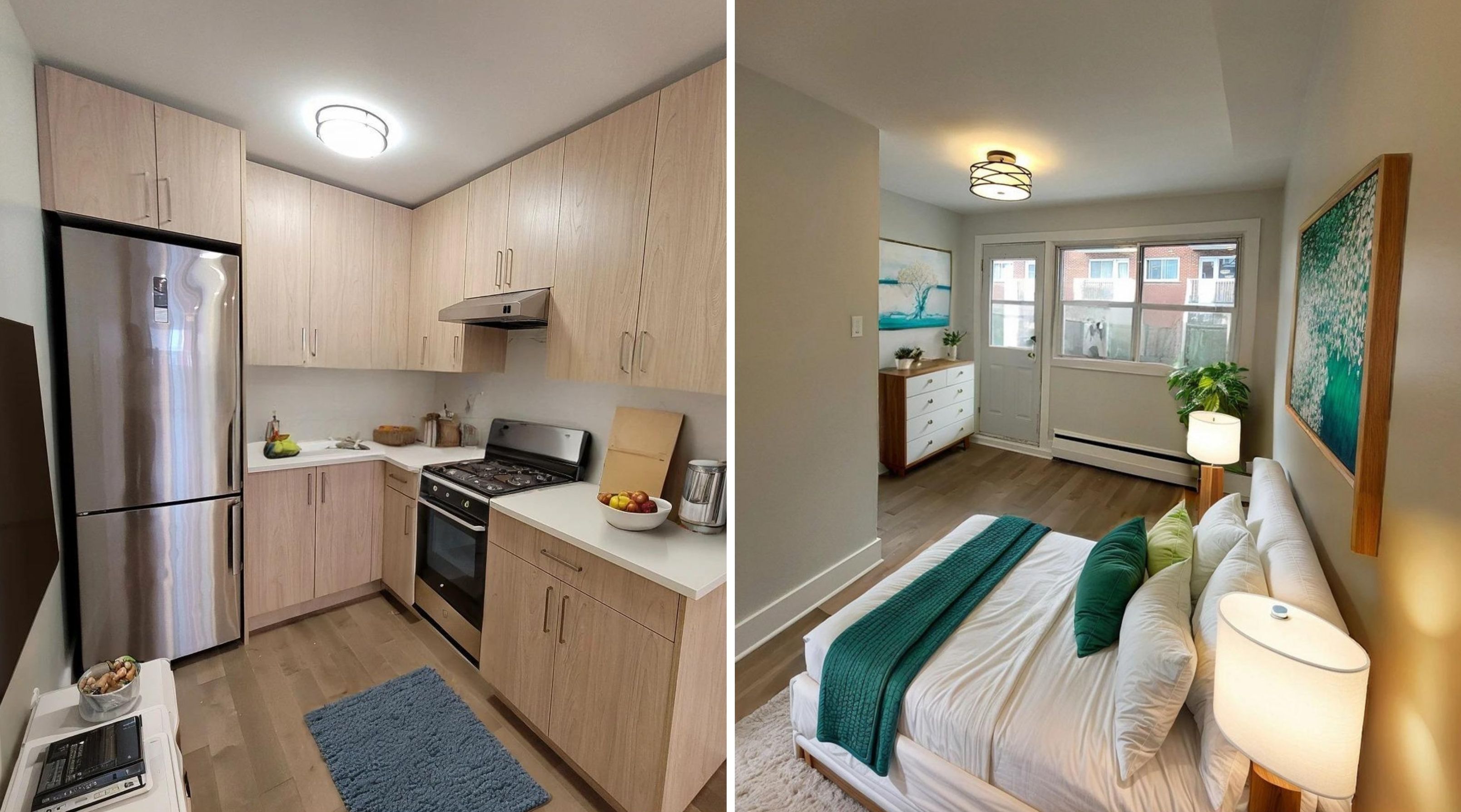 Une cuisine. \u00c0 droite : une chambre \u00e0 coucher