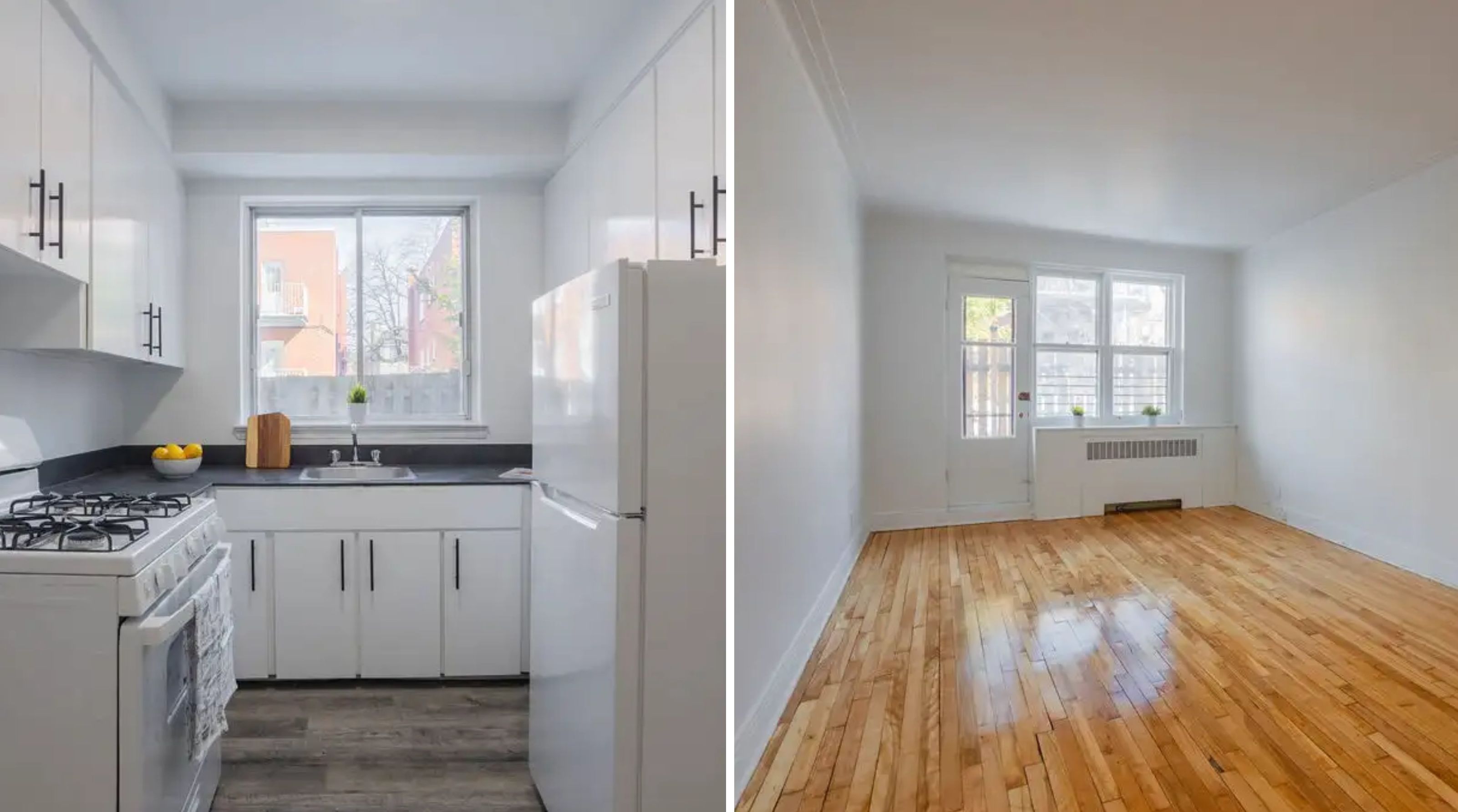 Une cuisine. \u00c0 droite : une chambre \u00e0 coucher.