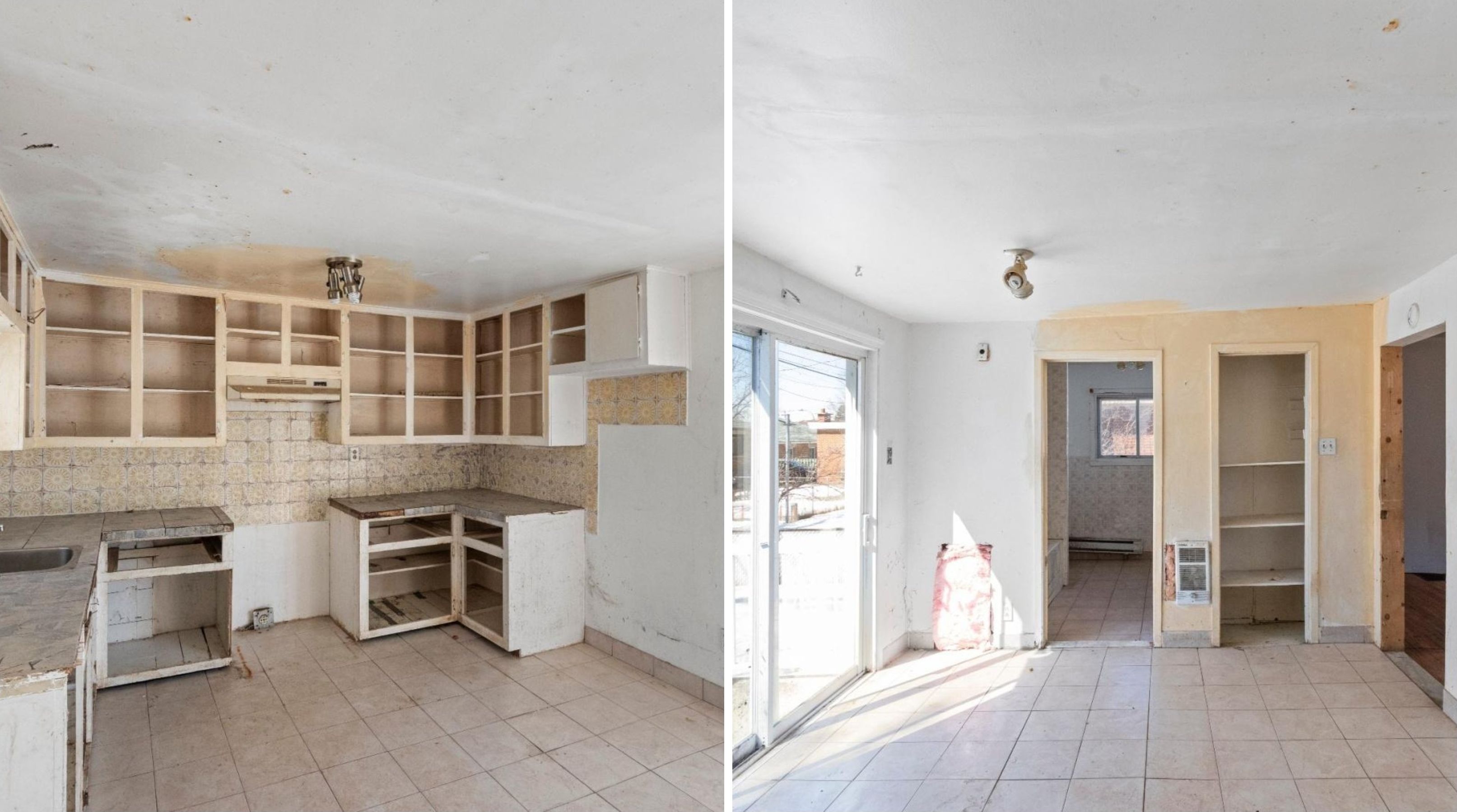 Une cuisine. \u00c0 droite : une salle \u00e0 manger.